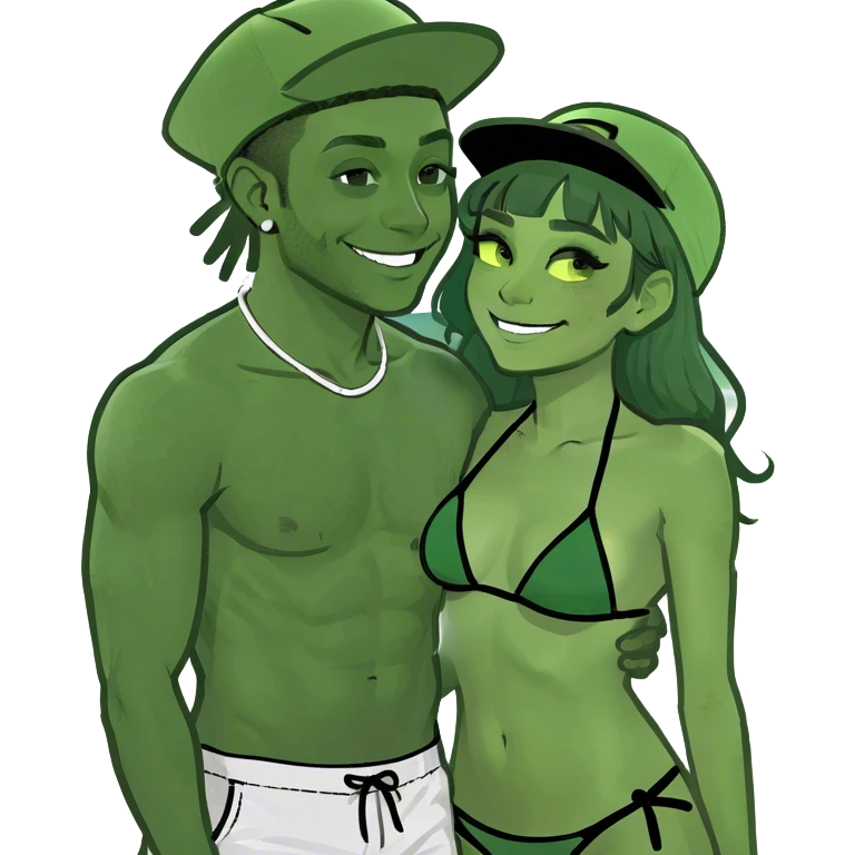 Hyperrralistic photo realism 4k shot of internet celebrity lovers Tefi Valenzuela in bikini and Josh king Madrid in backwards hat and neon shorts on beach laying down cuddling emoji