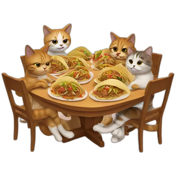 cats sitting around a table covered in tacos emoji