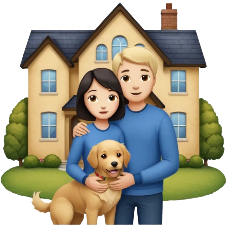 Девушка с тёмными короткими волосами стоит на фоне большого дома рядом с ней мужчина со светлыми волосами обнимаются рядом собака emoji