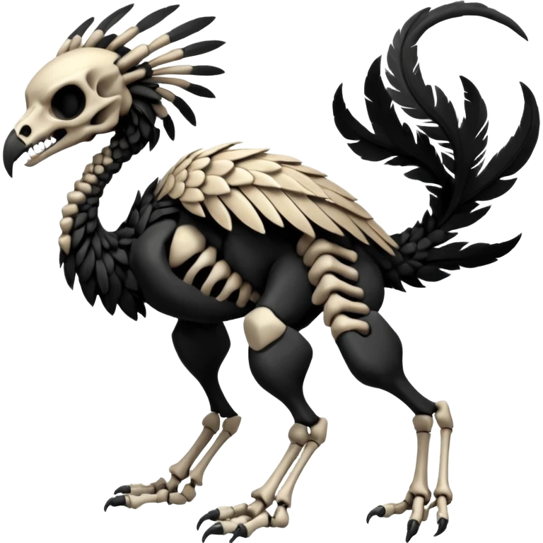 Rare realistic dark edgy evil tribal patterned feathered skeletal badass epic handsome gorgeous aesthetic black-skulled Vernid-Trico-species-Fakemon-creature by LiLaiRa, 4 legs, 1 tail, random markings, (full body) emoji