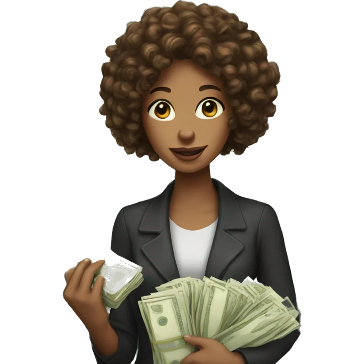 woman with brown curly hair holding lots of money emoji