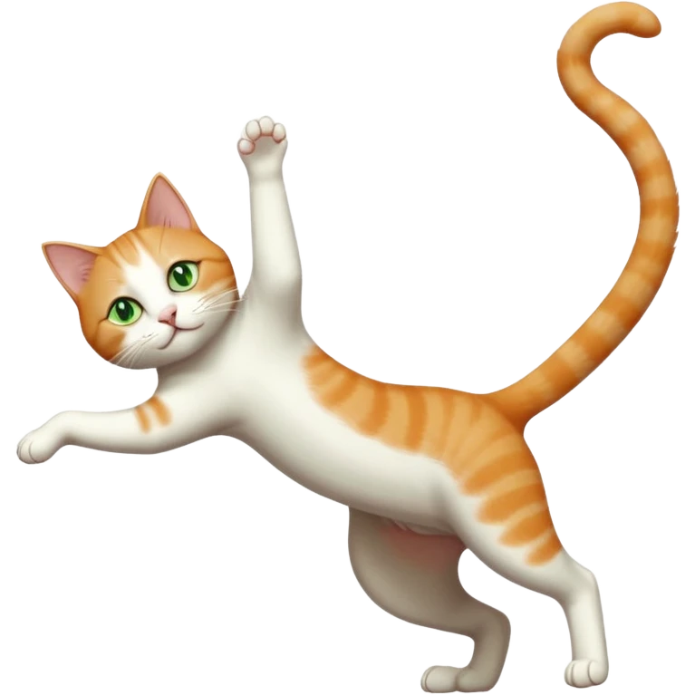 ginger and white cat with green eyes doing a big extremely long stretch reaching up into the air with arms and legs side by side together straight and overextended whilst lying on its side emoji