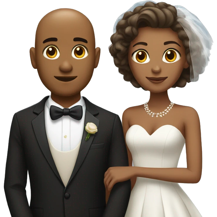 brown skin bald man in tuxedo and brown skin woman with short hair Marriage emoji