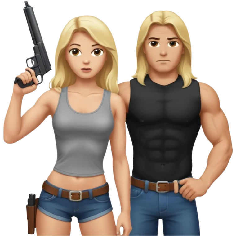 A blonde sexy woman with long hair pointing a gun at a tall muscle guy with braun hair  emoji
