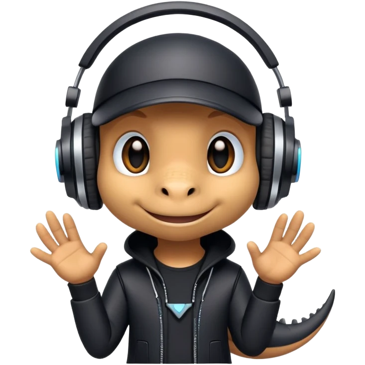 Dinosaurio muy tierno músico DJ con ropa negra futurista  emoji