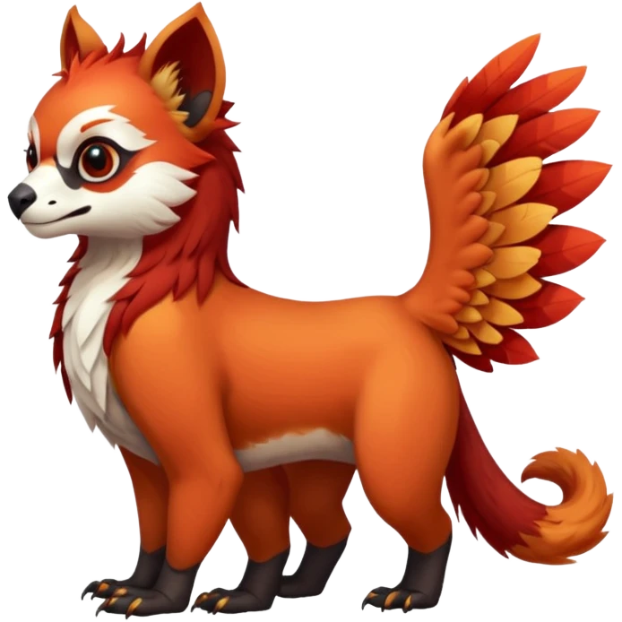 A beaked beaky 4-legged, feral, digitigrade, lanky, elegant, Gryphon-Griffin-Griff-Avian-hybrid, with a long beak, with Red-Panda-colors and markings, full body, cute, realism, hyper-realistic  emoji