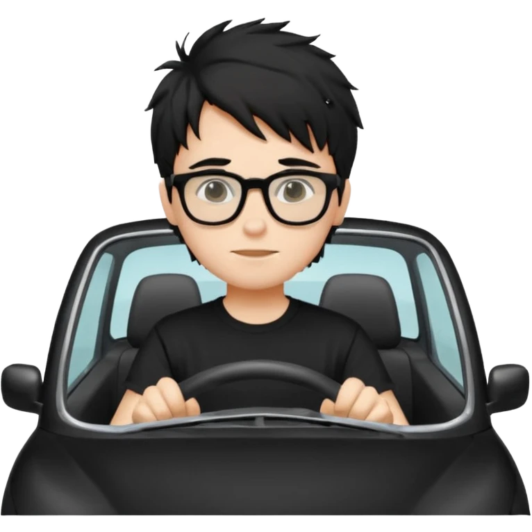 generate a pretty bratz fair skinned boy with black messy hair wearing a black tshirt driving. Glasses on.  emoji