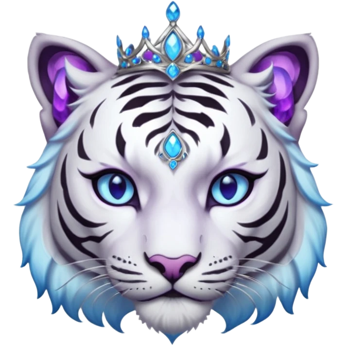 ESO Female white/black tiger khajiit leader of the umbral rose, glowing blue eyes, glowing blue 'third eye' gem; purple gem silver tiara emoji