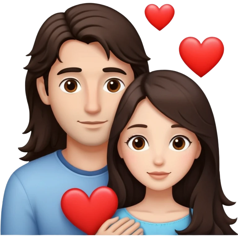 A couple embracing, man with light mestizo skin and straight dark brown hair, woman with fair skin and long slightly wavy dark brown hair, with white hearts around them emoji