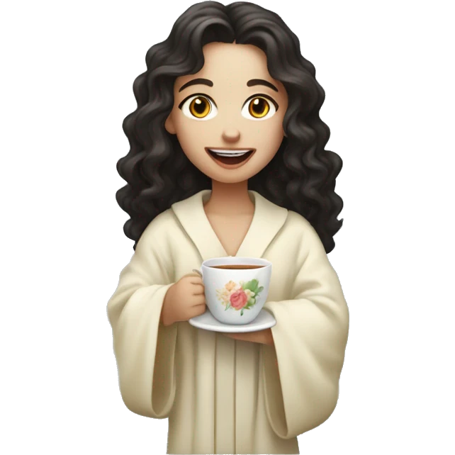 a girl with pale skin, long curly dark hair, drinking tea, with a robe on, sticking her tongue out happily emoji