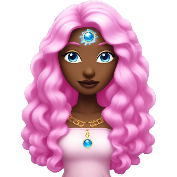 magical diva with pink andromedan skin long hair and blue eyes glowing third eye emoji