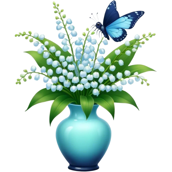 Aesthetic butterfly with blue light and navy wings sitting on a dark green bouquet of lily of the valley in a pastel blue vase emoji