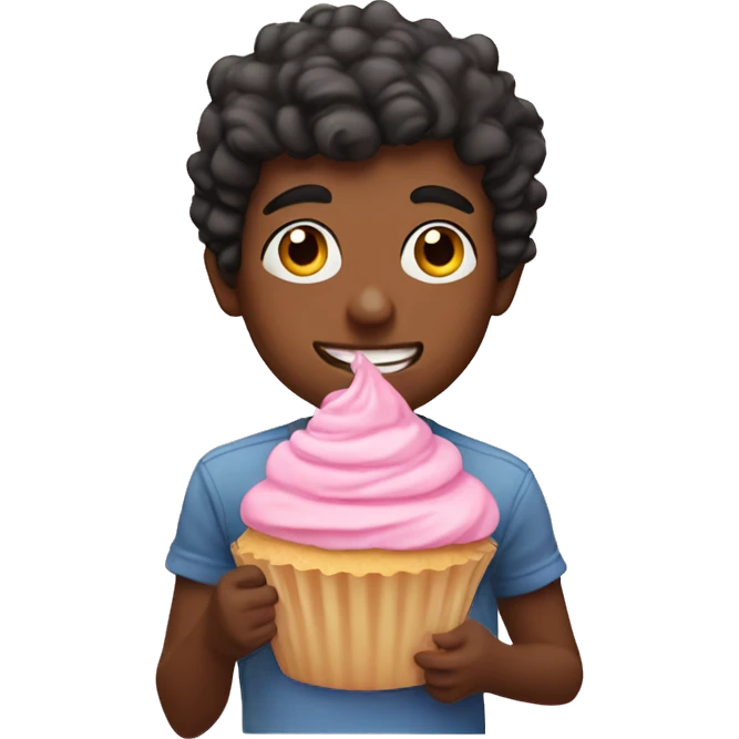 Boy eating pastel pink cupcake with berries emoji