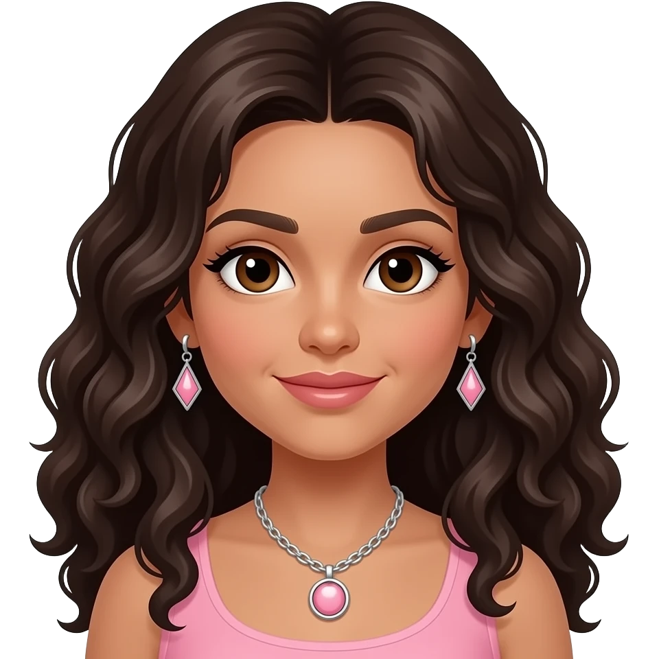 Morena, ojos cafes, perolo largo rizado con aretes, y un lacito rosa emoji