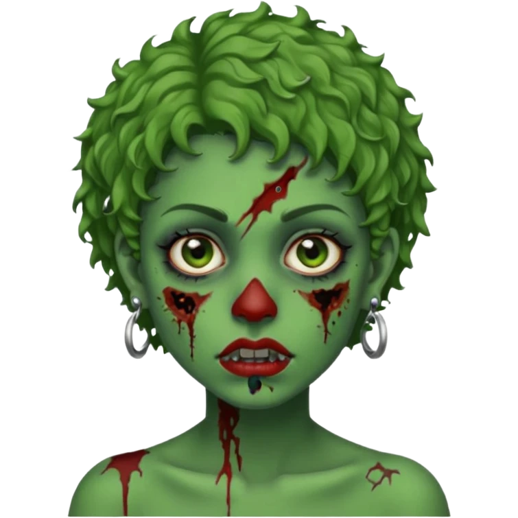 faça uma cabeça verde de zumbi femenina, com im cabelo curtinho cacheado, piercing no nariz, e brincos na orelha e várias cicatrizes emoji