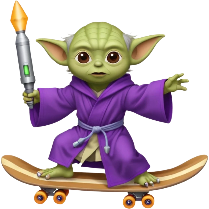 yoda in a purple robe using a rocket as a skate emoji