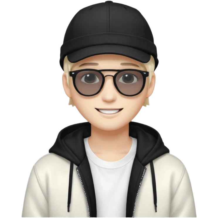 Portrait of a male K-pop idol, white skin, wearing a stylish streetwear outfit with layered clothing, makeup, wearing a black cap, smiling, sunglasses emoji