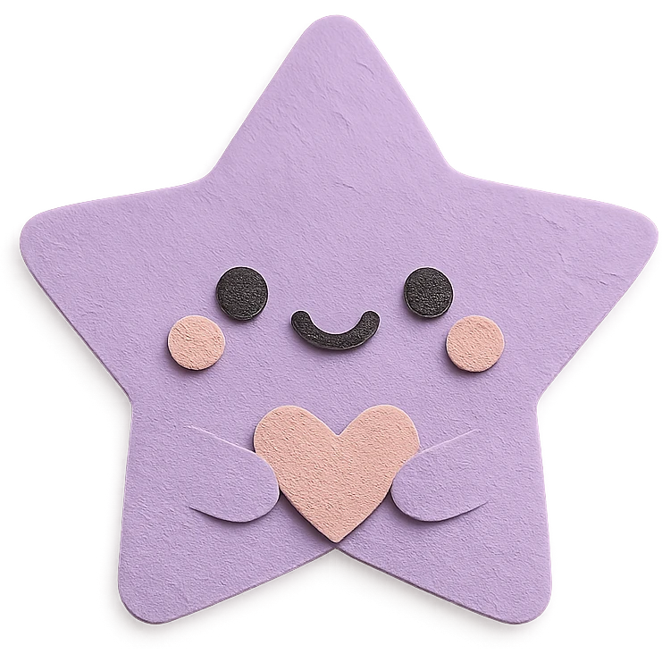 kawaii purple star holding a tiny pastel heart, no arms, no legs, full body, soft pastel kawaii paper craft style emoji