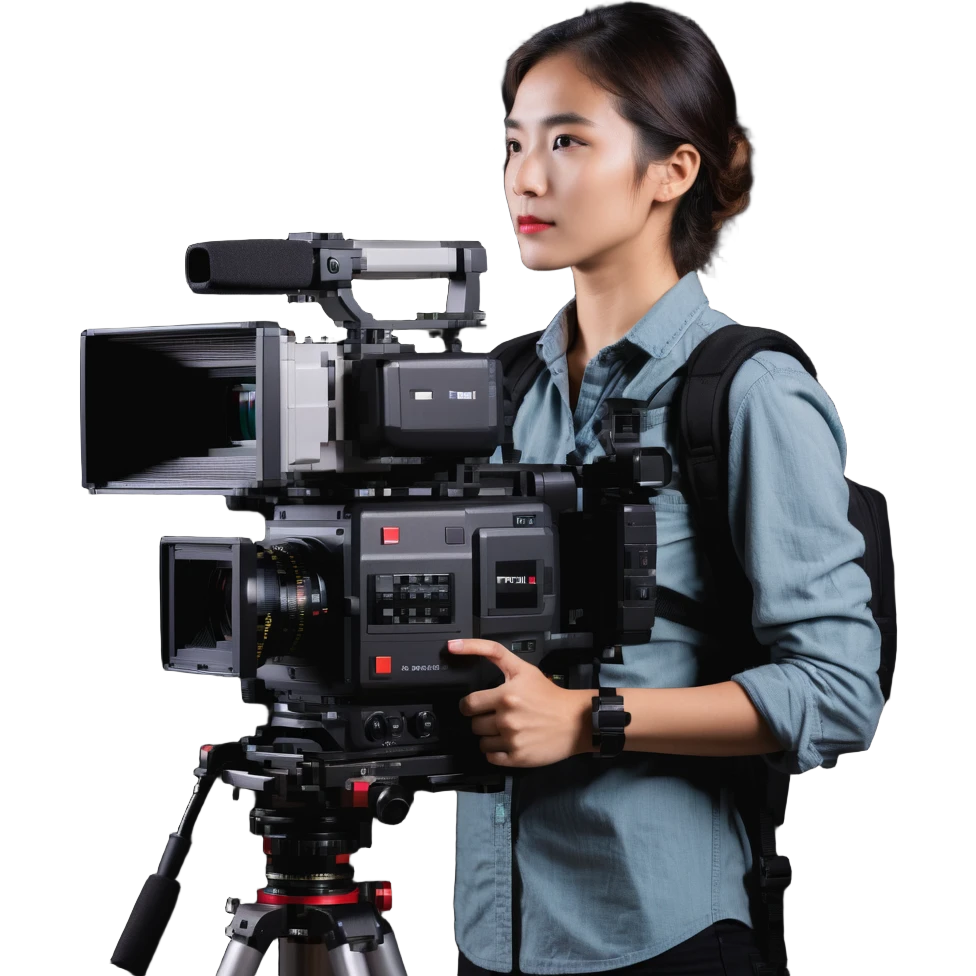 cinéaste de profil ou 3/4 tenant une vraie caméra broadcast professionnelle, œil dans l’œilleton, cadrant devant lui, plan taille à tête emoji