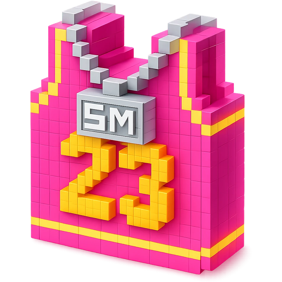 светящейся розовая баскетбольная майка с надписью "23" и серебряная цепь с надписью "SM", no background emoji