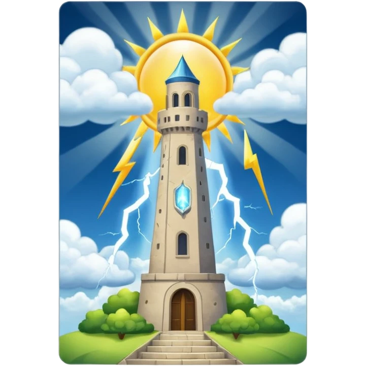 The tower tarot card lighting clouds and sun theres 2 sides one side sun in a card emoji