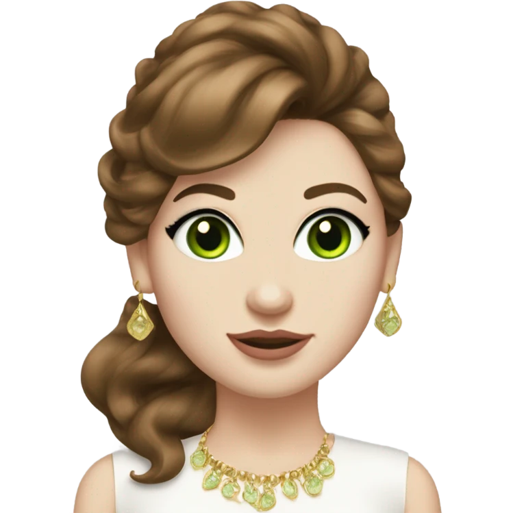 woman, with chestnut brown hair, her hair are a 90s voluminous blowout with curtain bangs, she has very green eyes and a white pale skin, she has pink lipstick on and long lashes, she wears a white to and  gold earrings  emoji