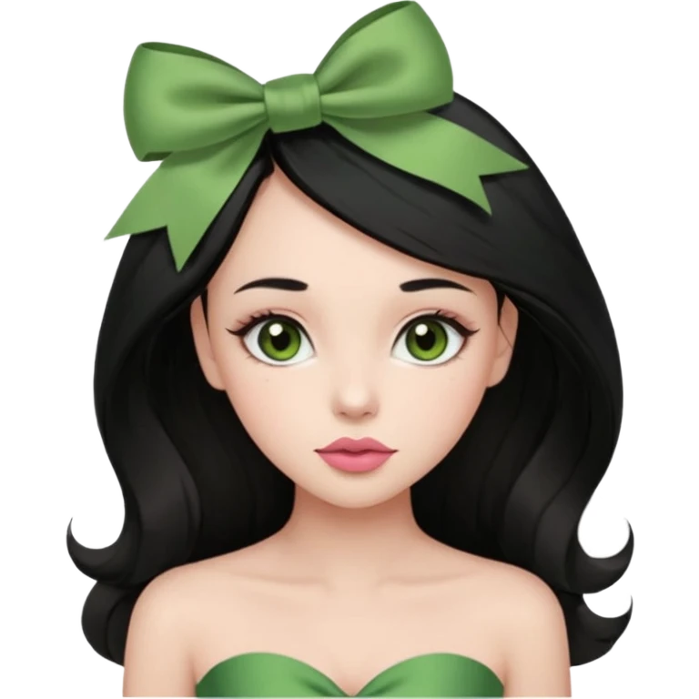 The woman has long black hair with green ribbon bows, light brown eyes, fair skin, and a heart-shaped face. She wears soft makeup, a muted rose lip, and a strapless olive green top. emoji