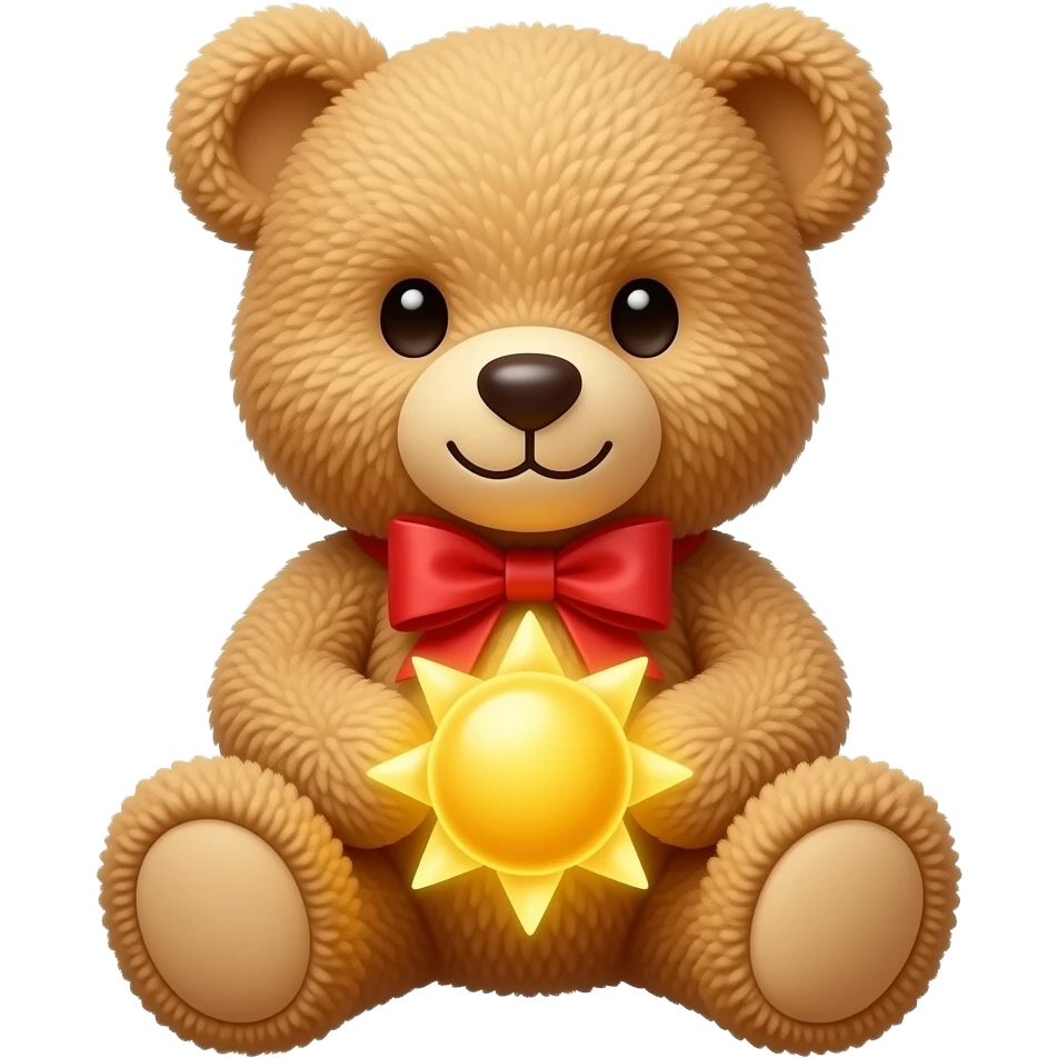 teddy bear with red bow holding the sun emoji