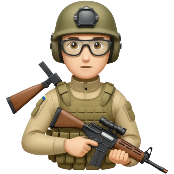 Ukrainian intelligance agency warrior man in platecarrier with nato riffle in helmet and ballistic glasses emoji