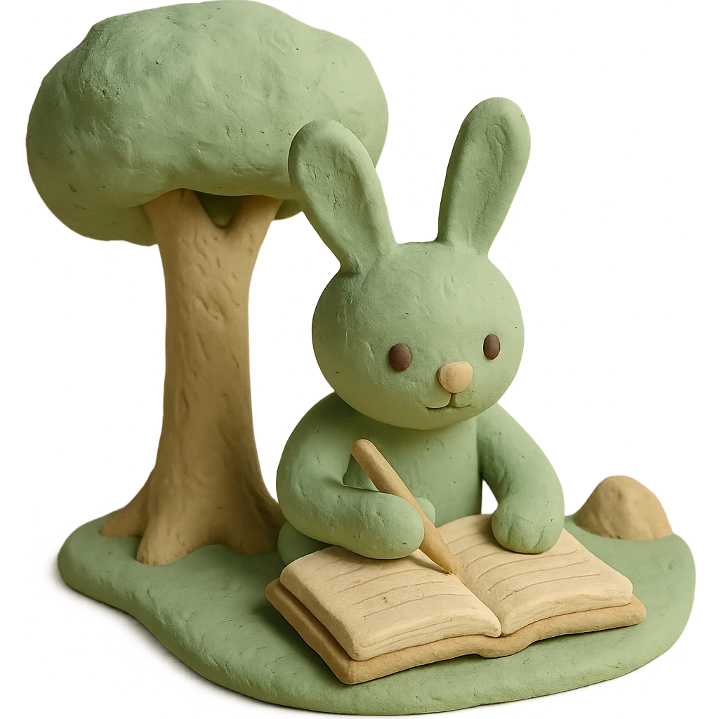 rabbit writing in a journal under a tree, pastel green and beige, claymation style emoji