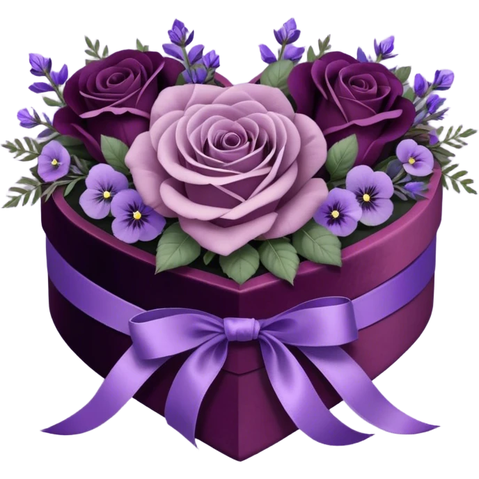 A vintage-inspired heart-shaped velvet box, wrapped with a rich plum silk ribbon, rests beside a delicate arrangement of soft purple roses, lavender sprigs, and dark amethyst pansies. Under the moonlight, tiny silver stars glimmer on the box’s lid, reflecting the romantic glow of an ornate candlestick standing nearby. emoji