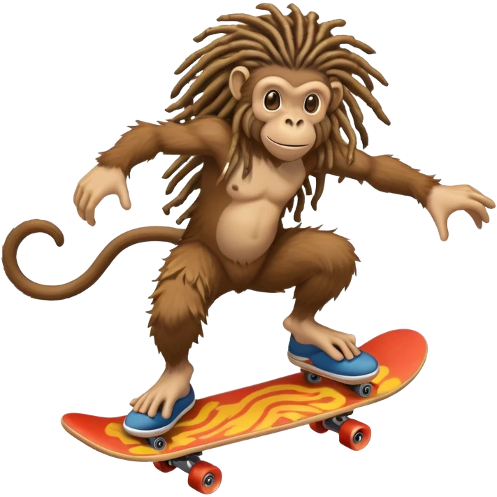 A monkey with natty dreads,  jumping on mushroom that also have dreads, and a skateboard the size of Godzilla emoji