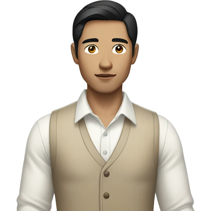 black-haired Asian man wearing a white shirt and beige vest emoji