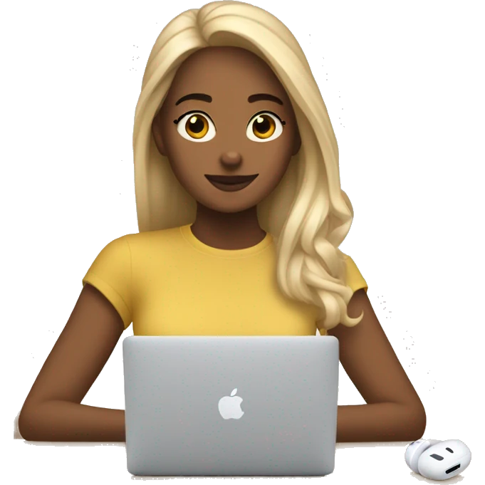A blonde girl with airpods max and looking at a macbook emoji