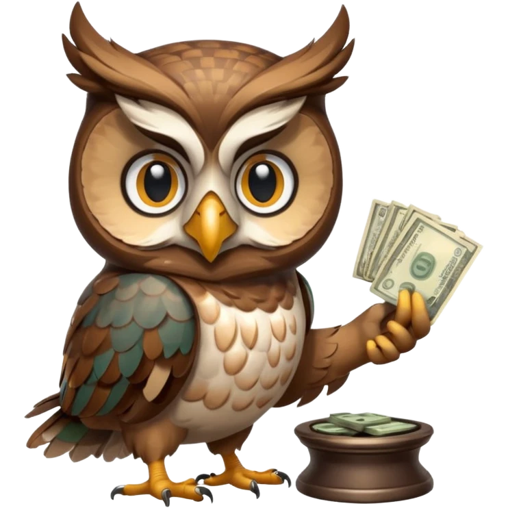 mascot owl holding money and scale with two  emoji