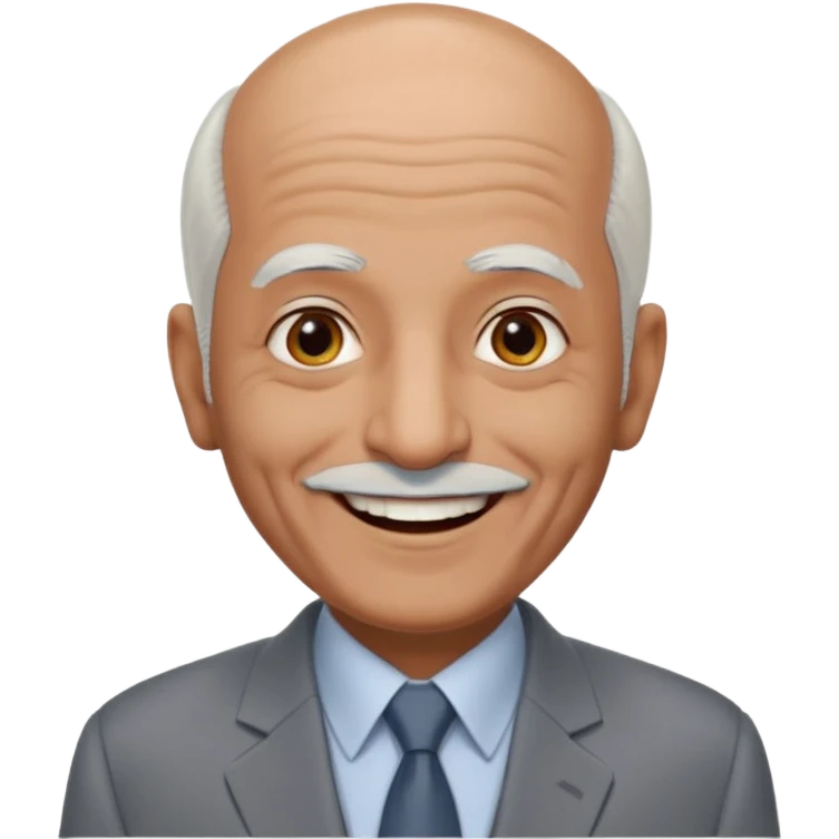 70 yr old man, almost bald, some white hair, pakistani, light grey business suit, big smile, dark skin, no facial hair
 emoji