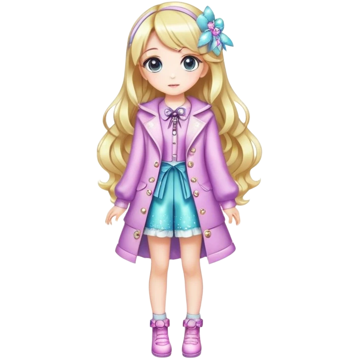 Pretty, stylish, kawaii, sparkly, lovely, shiny, accessories, anime style, character, real life, big eyes, cute, gorgeous hair, full body, stylish clothing, lady, young, romantic, colorful, detailed, cool design, aesthetic emoji