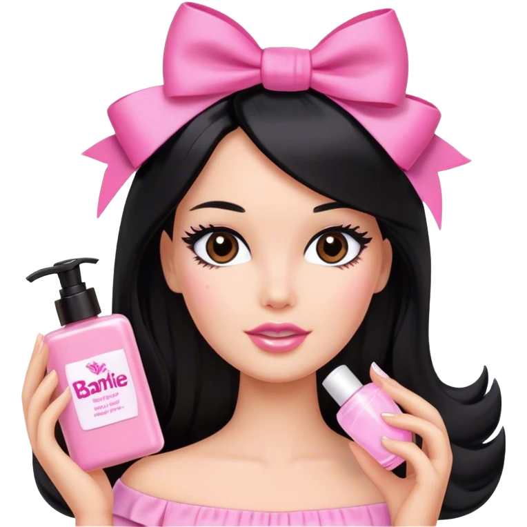 A barbie with long black hair, brown eyes and a pink bow on her hair doing her skincare. emoji