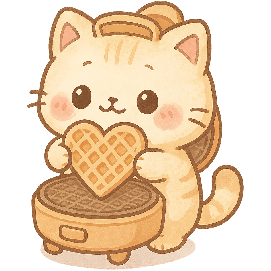 chibi style soft fluffy cat as a waffle maker, showing heart-shaped waffles, pastel orange, full-body emoji