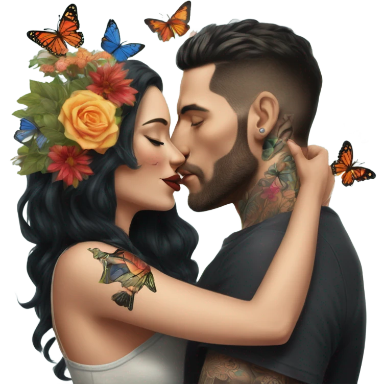 Hyper Realistic beautiful woman being kissed by a handsome tattooed man holding flowers with butterflies  emoji