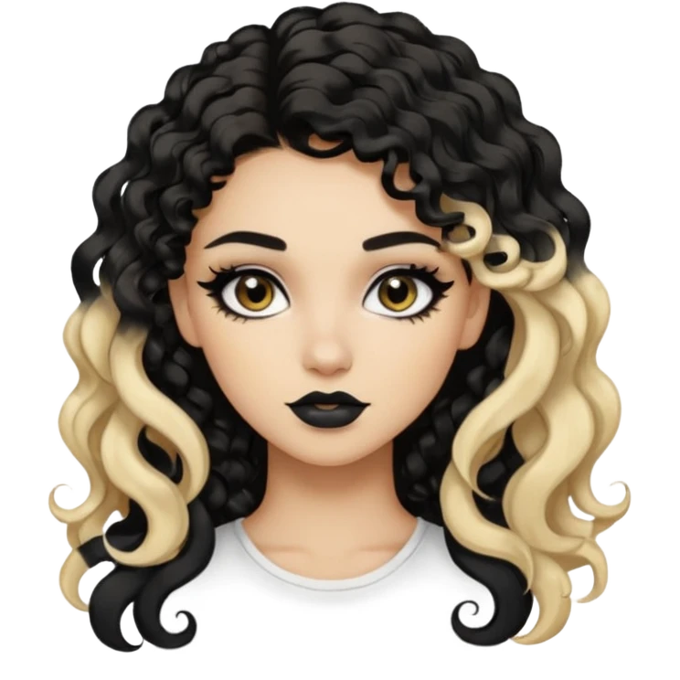 split dye leftside blonde rightside black-brown hair, baddie, pretty makeup, black eyeliner, long and curly hair emoji