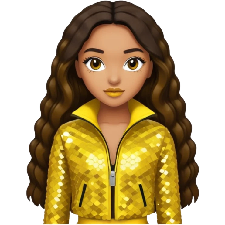 Leigh-Anne Pinnock from Little Mix with long dark brown hair, yellow sequin outfit emoji