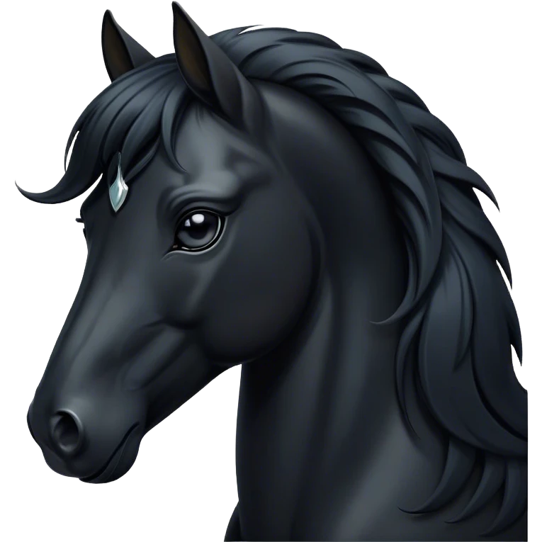 Cinematic Elegant Black Horse Portrait Emoji, Head held high with a serene, powerful gaze, showcasing a magnificent jet-black fur with a radiant, glossy finish, a flowing mane and tail, and piercing dark eyes exuding beauty and strength, Simplified yet majestically refined features, highly detailed, glowing with a soft, ethereal light, high shine, poised and breathtaking, stylized with an air of pure elegance, capturing the essence of a stunning and graceful steed, so beautiful it feels like it could gallop out of the screen with effortless charm! emoji
