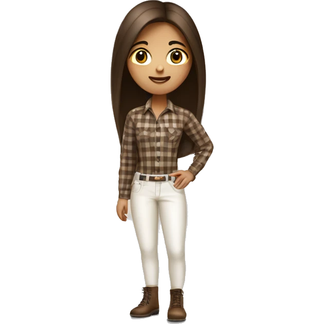 a brunette girl with long straight hair stands in a brown checkered shirt and white pants with a small black handbag emoji