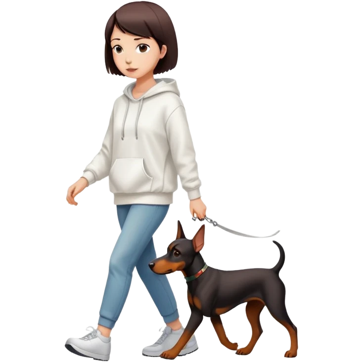 Beautiful short-haired girl wearing a white hoodie walking her Doberman emoji