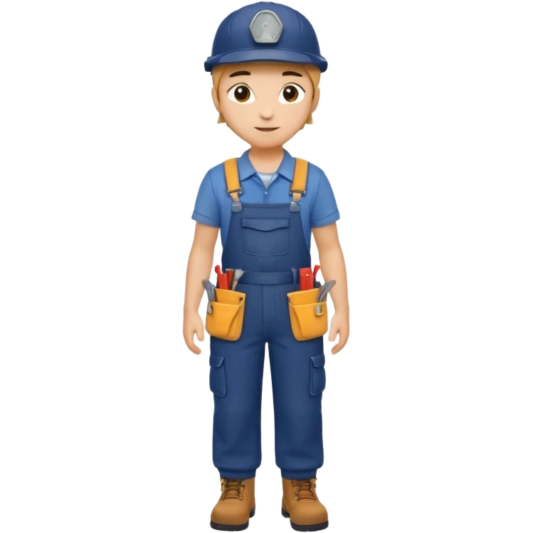 Repairs and Maintenance, Young, wearing navy overalls, a cap and having tool belt, full body emoji