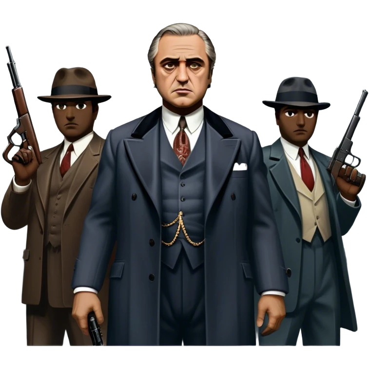 A vintage movie poster-style design featuring Don Vito Corleone surrounded by gangsters with Tommy guns. Include a dark, moody noir atmosphere with skyscrapers of New York in the background. The scene should be tense and mysterious, with a retro cinematic feel. Transparent background. emoji