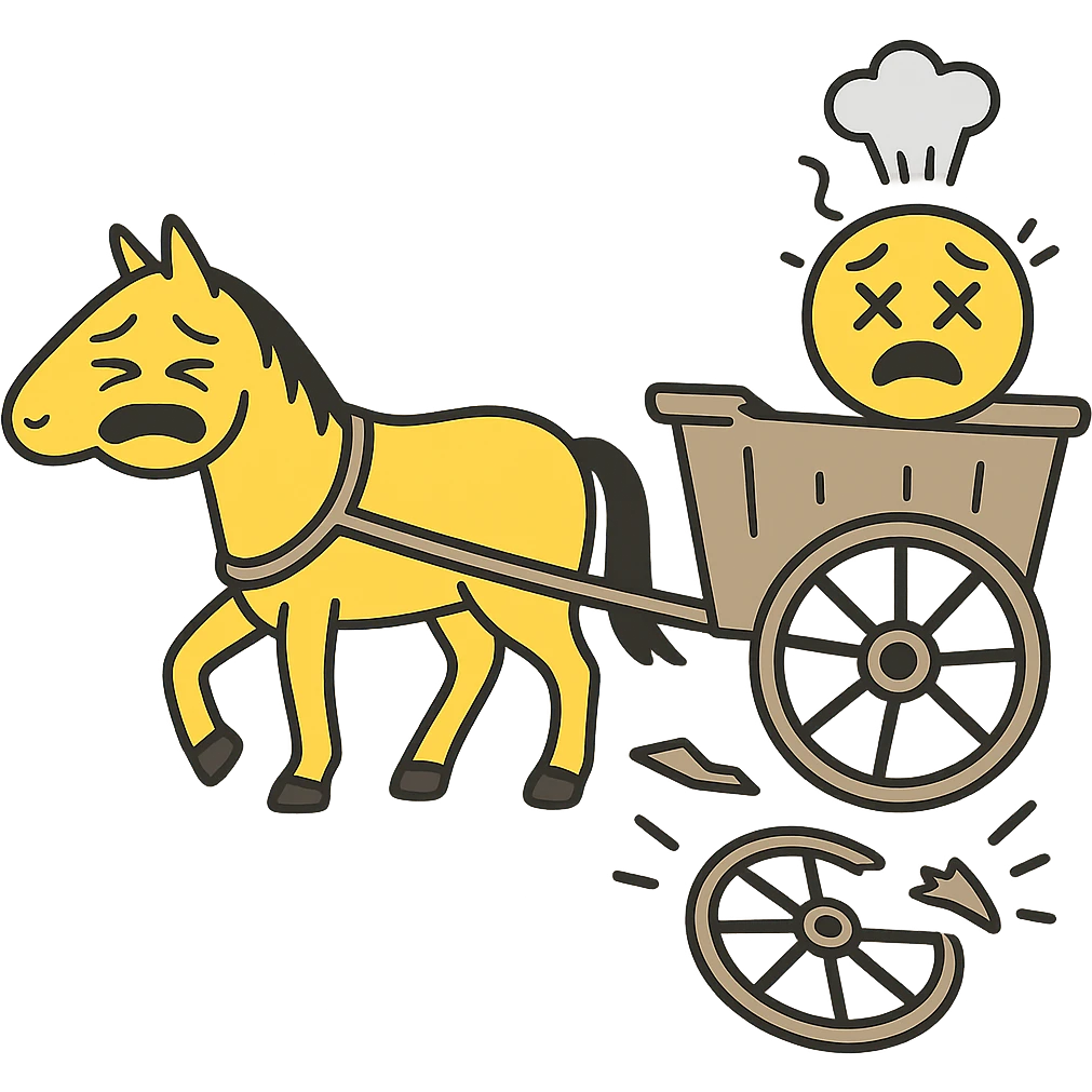 Make the horse cart look broken and add funny, exaggerated emoji expressions to the horse and cart. Keep the style consistent. The style is emoji style. Keep the background transparent. emoji