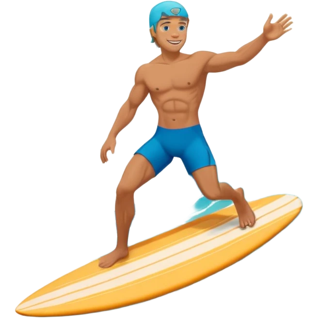 human male surfer riding a turquoise wave, muscular torso, shorts, big smile, bright sun, centered emoji, summer palette emoji