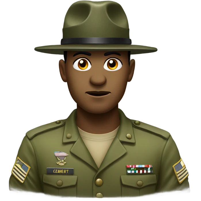 commanding drill sergeant character wearing a classic sergeant hat and a camouflage army shirt. The character should have an intense expression, exuding authority emoji